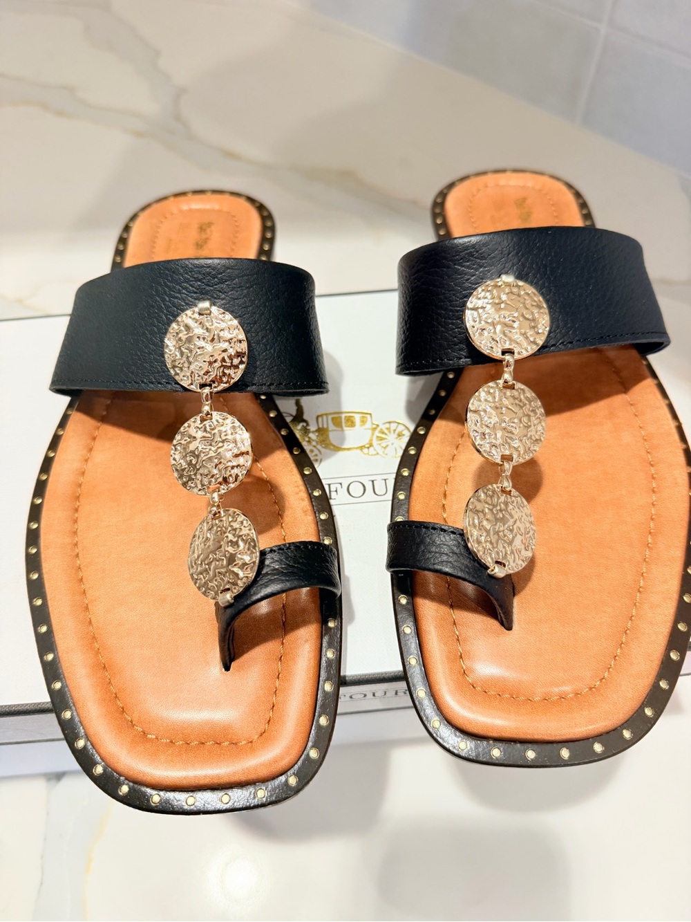 Coach and Four Black and Tan Leather Slide Sandals with Gold Accents - Picture 10 of 15